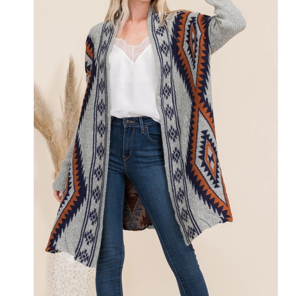 Oceanus Western Tribal Pattern Open Boho Cardigan Medium Blue Gray - Picture 7 of 10